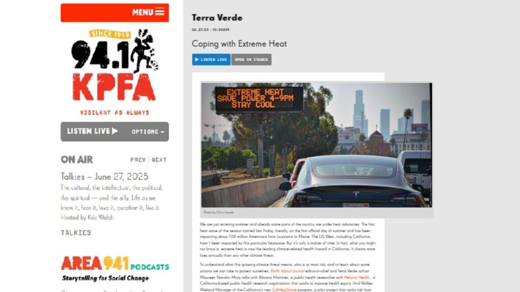 Radio show and podcast Terra Verde recently interviewed Bibiana Martinez, PhD, MPH, associate research scientist lead at Heluna Health, about extreme heat preparedness.